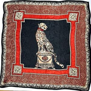 Ellen Tracy Linda Allard Silk Jacquard Cheetah Scarf Black Red Beige Vintage
